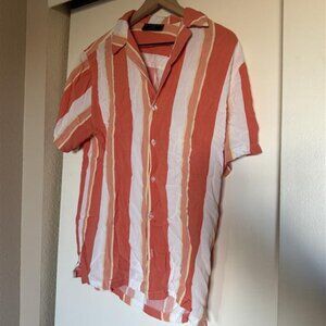 No Boundaries Men's Rayon Resort Striped Shirt. It is orange and white striped a